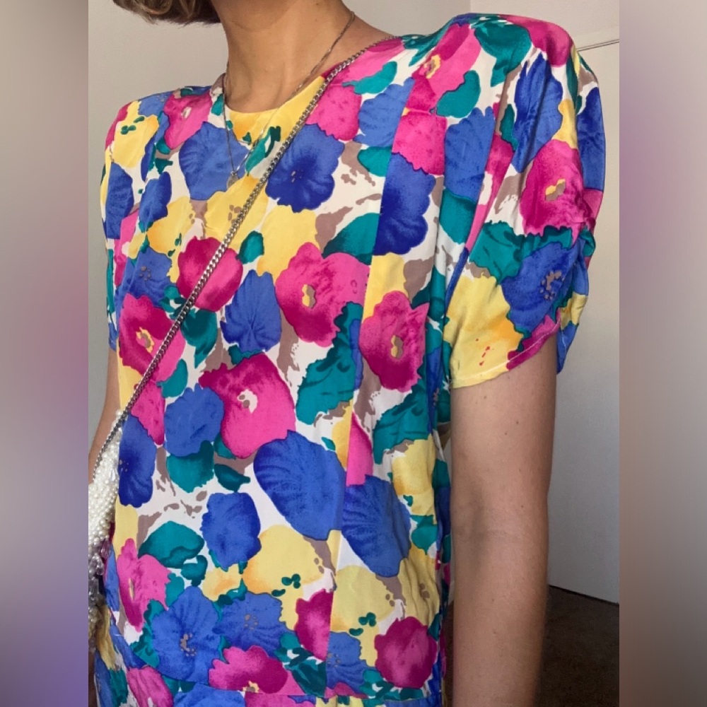 Silk  handemade floral midi dress, size 4-6